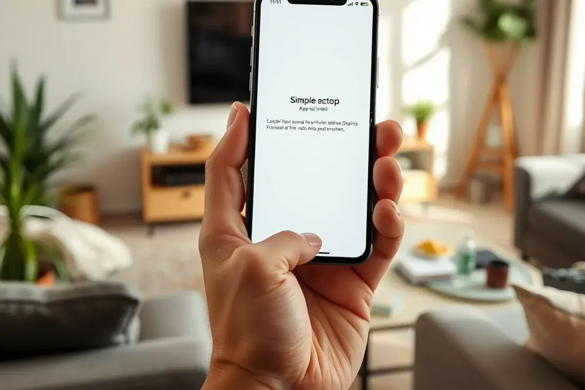 Smartphone met een IPTV-app-installatiescherm naast een smart-tv in een lichte woonkamer overdag