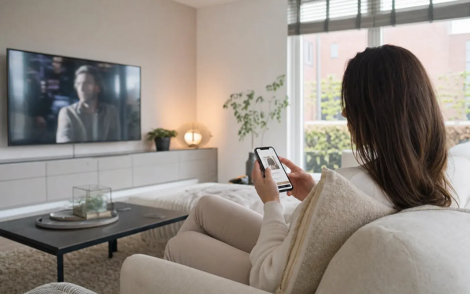 Persoon die overdag in een lichte Nederlandse woonkamer op een telefoon een IPTV-bestelling bevestigt terwijl de televisie op de achtergrond aanstaat
