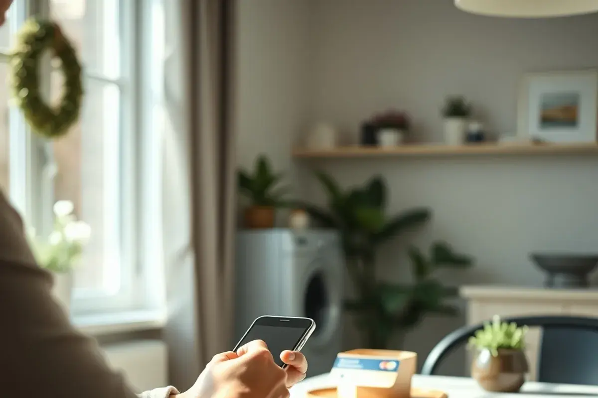 Persoon die overdag met een telefoon en een betaalkaart een IPTV-bestelling afrekent aan tafel