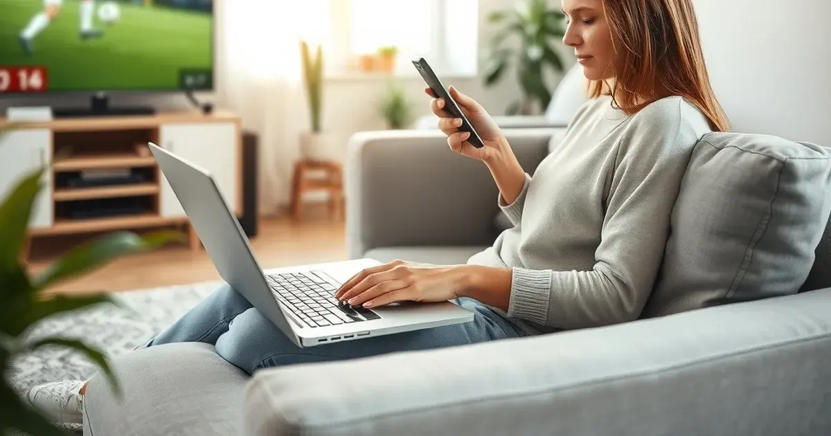 Vrouw bekijkt ontspannen een bevestigingsmail op haar laptop in een lichte woonkamer, met een voetbalwedstrijd op de tv op de achtergrond