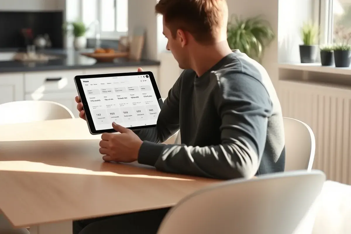 Persoon die op een tablet aan de eettafel de pakketten en prijzen van een IPTV-dienst bekijkt