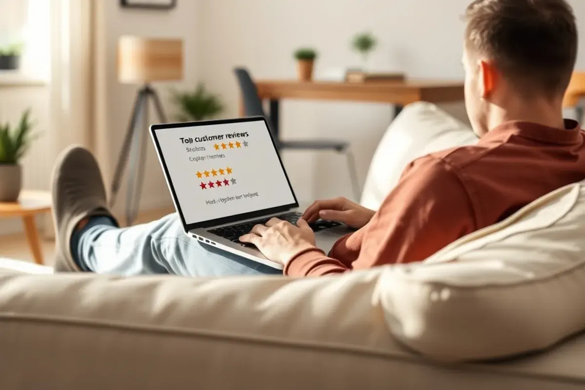 Persoon die overdag op een laptop tevreden klantbeoordelingen van een IPTV-dienst leest
